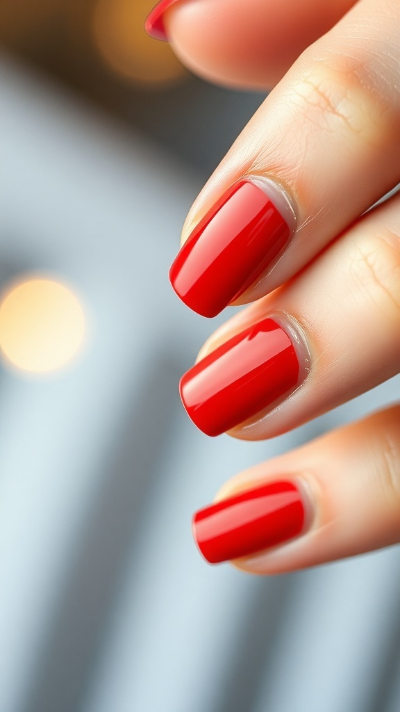 Close-up of Christmas red French tip nails on a soft blurred background.